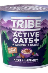 TRIBE Active Oats+ Choc Hazelnut pot featuring plant protein and gut-friendly cultures for a nutritious start.